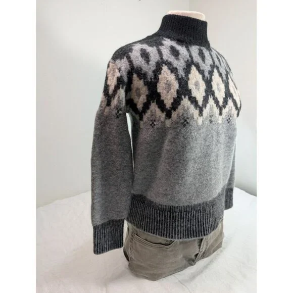MONROW Mock Neck Fair Isle Sweater small Black White Gray Wool Alpaca Blend S13 - Picture 4 of 7